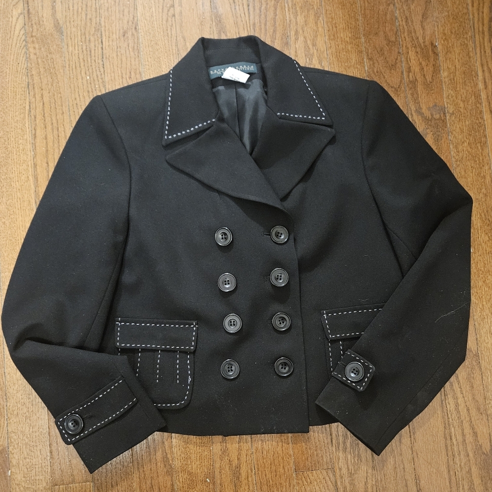 HARVE BENARD, Benard Holtzman,  Black Blazer Jacket Sz 8, Buttons, White Stitch